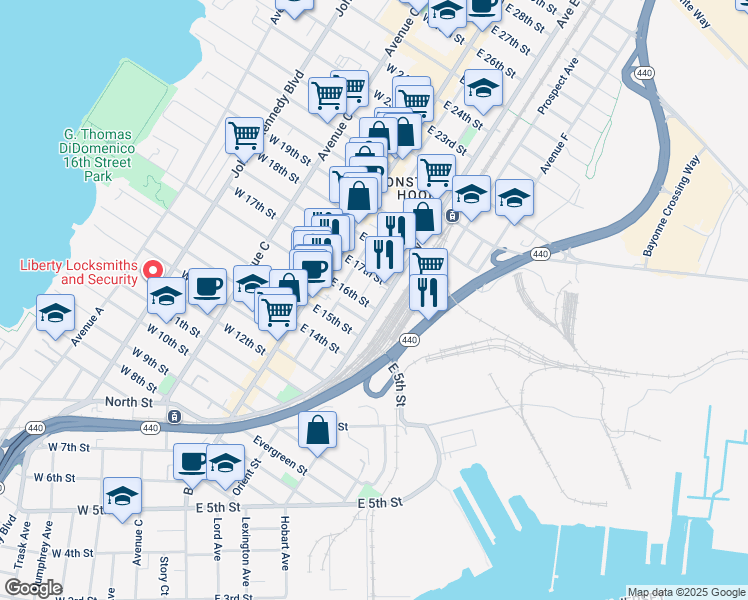 map of restaurants, bars, coffee shops, grocery stores, and more near 126-1/2 Avenue E in Bayonne