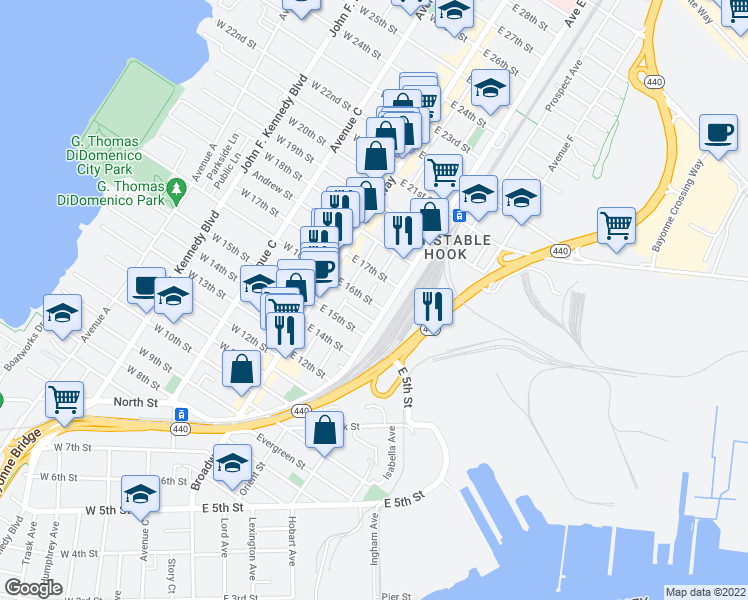 map of restaurants, bars, coffee shops, grocery stores, and more near 24 Sisson Court in Bayonne