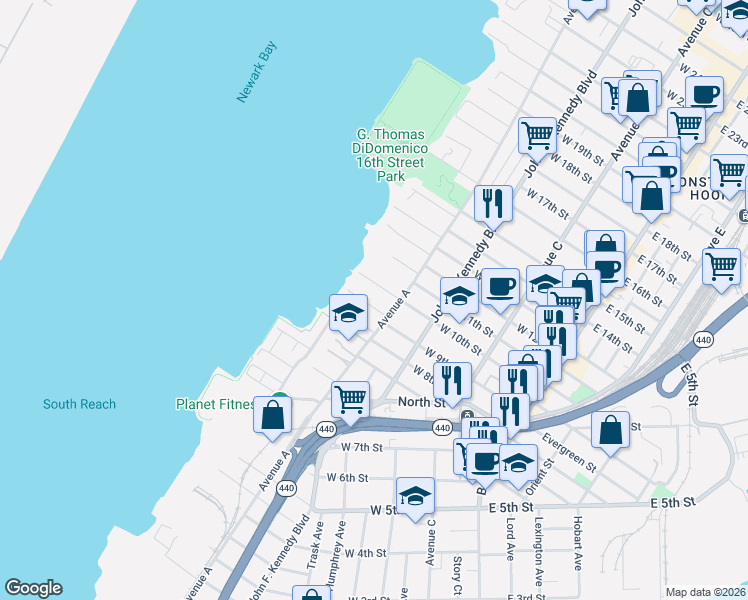 map of restaurants, bars, coffee shops, grocery stores, and more near 153 West 8th Street in Bayonne
