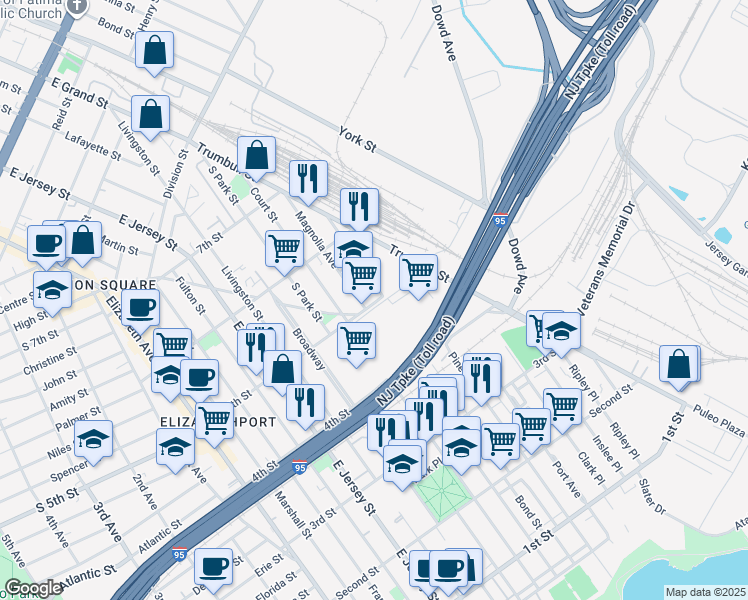 map of restaurants, bars, coffee shops, grocery stores, and more near 15 Papetti Plaza in Elizabeth
