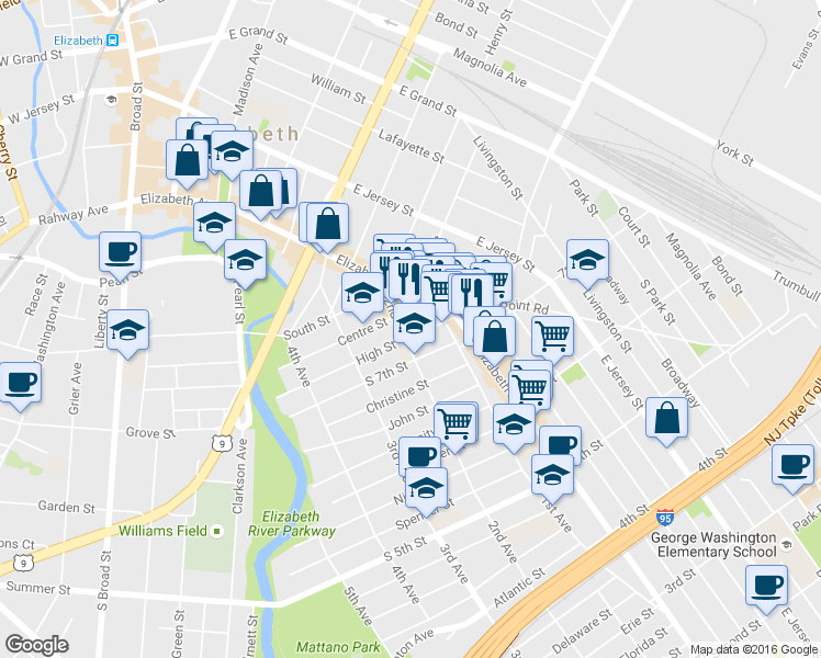 map of restaurants, bars, coffee shops, grocery stores, and more near 25 South 7th Street in Elizabeth