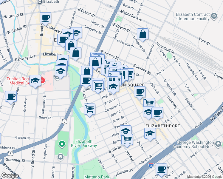 map of restaurants, bars, coffee shops, grocery stores, and more near 214 High Street in Elizabeth