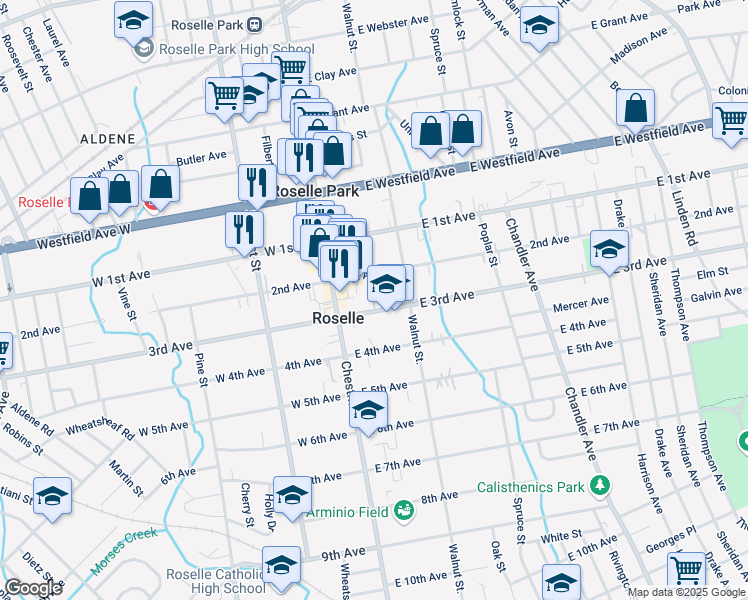 map of restaurants, bars, coffee shops, grocery stores, and more near 116 East 3rd Avenue in Roselle