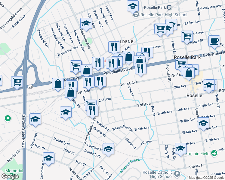 map of restaurants, bars, coffee shops, grocery stores, and more near 438 West 2nd Avenue in Roselle