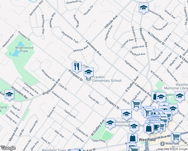 map of restaurants, bars, coffee shops, grocery stores, and more near 651 Elm Street in Westfield