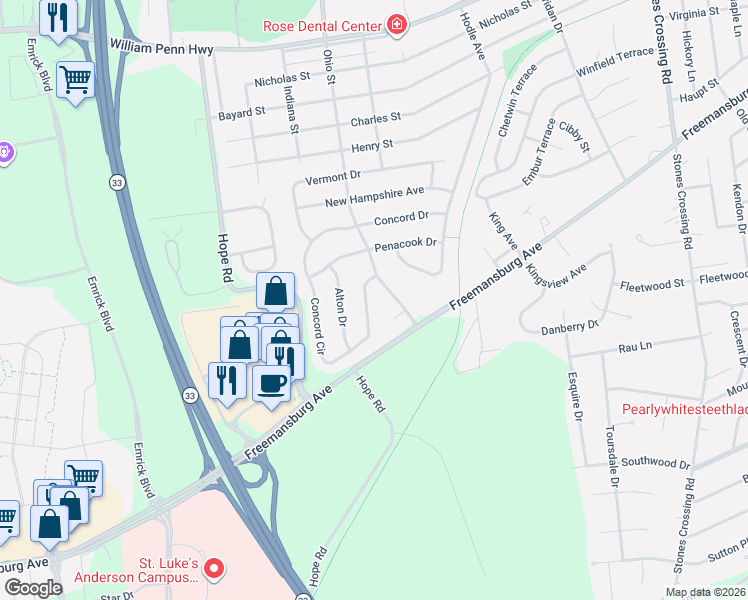 map of restaurants, bars, coffee shops, grocery stores, and more near 4639 Concord Drive in Easton