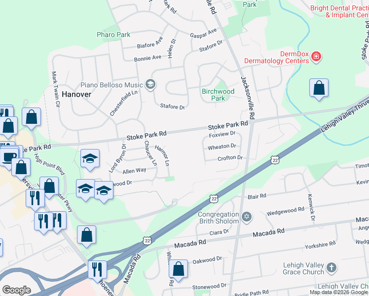 map of restaurants, bars, coffee shops, grocery stores, and more near 1102 Foxview Drive in Bethlehem