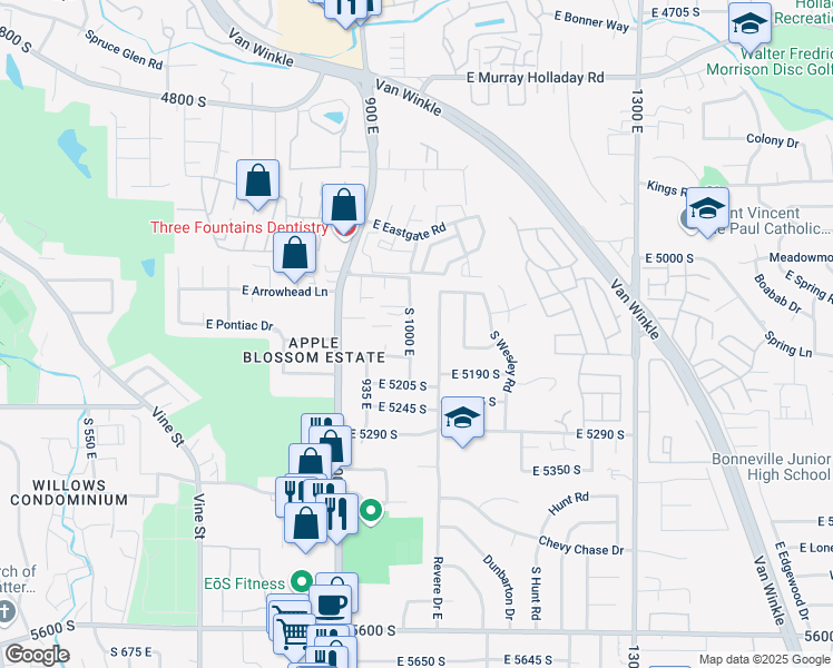 map of restaurants, bars, coffee shops, grocery stores, and more near 5125 South 1000 East in Salt Lake City