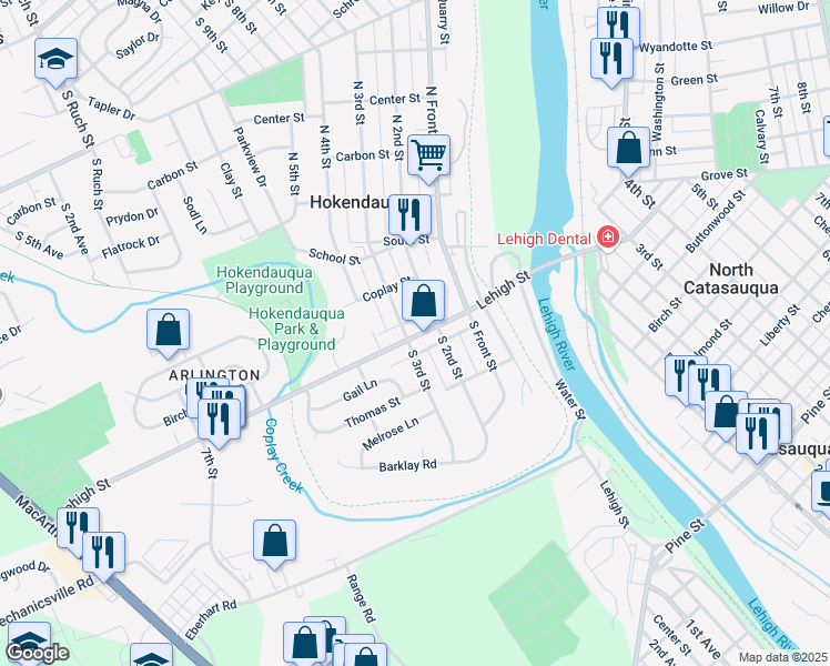 map of restaurants, bars, coffee shops, grocery stores, and more near 3219 Lehigh Street in Hokendauqua