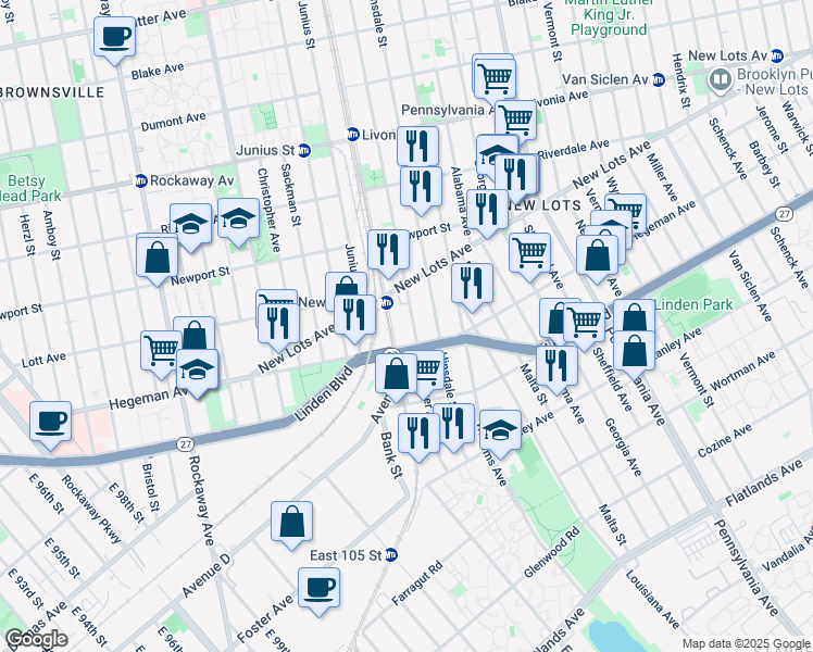 map of restaurants, bars, coffee shops, grocery stores, and more near 1723 Linden Boulevard in Brooklyn