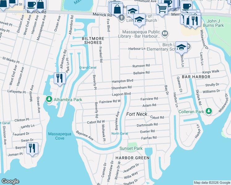 map of restaurants, bars, coffee shops, grocery stores, and more near 201 Bayview Avenue in Massapequa