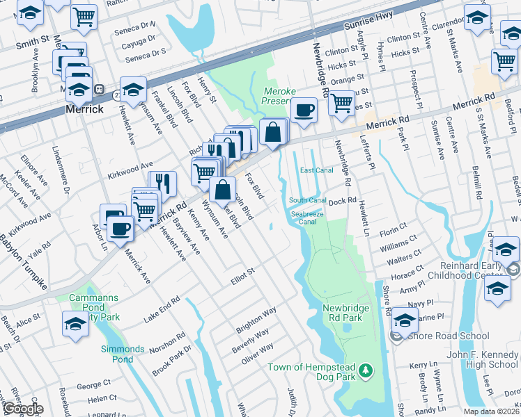 map of restaurants, bars, coffee shops, grocery stores, and more near 315 Lincoln Boulevard in Merrick