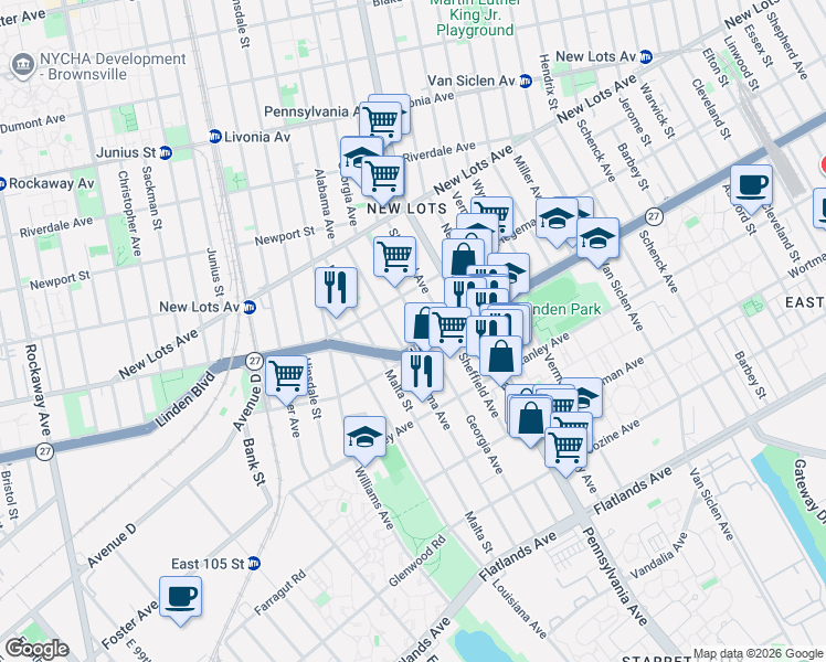 map of restaurants, bars, coffee shops, grocery stores, and more near 1866 Linden Boulevard in Brooklyn