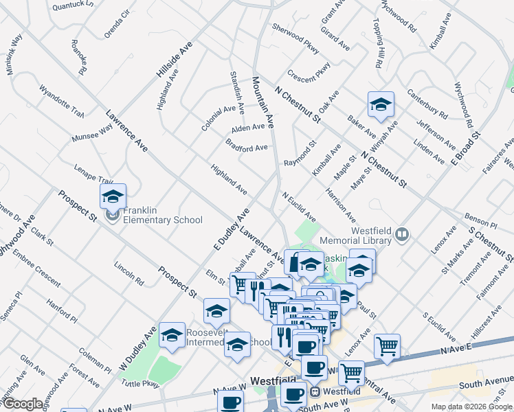 map of restaurants, bars, coffee shops, grocery stores, and more near 304 East Dudley Avenue in Westfield