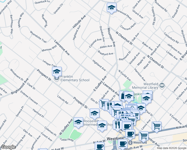 map of restaurants, bars, coffee shops, grocery stores, and more near 519 Lawrence Avenue in Westfield