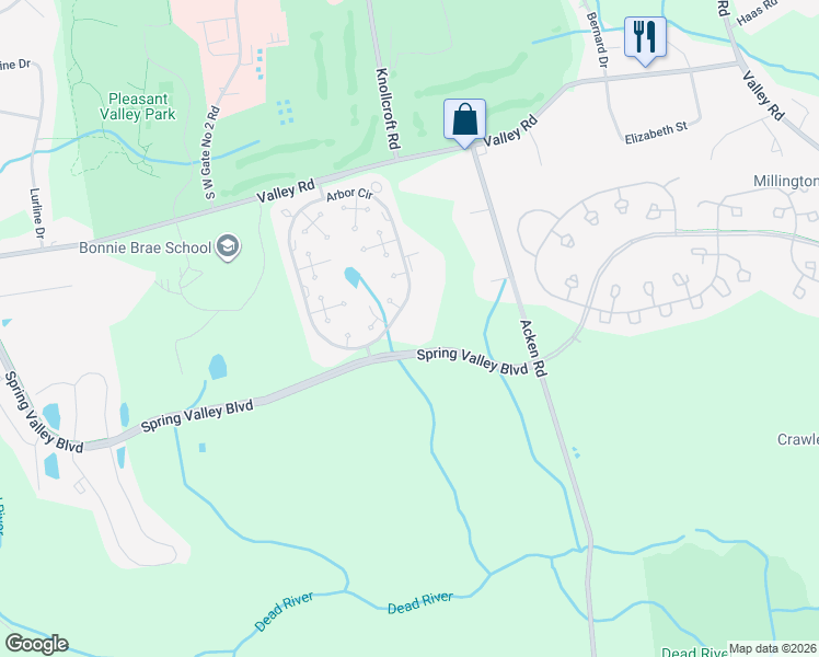 map of restaurants, bars, coffee shops, grocery stores, and more near 3601 Balsam Way in Basking Ridge