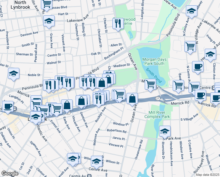 map of restaurants, bars, coffee shops, grocery stores, and more near 100 Merrick Road in Lynbrook