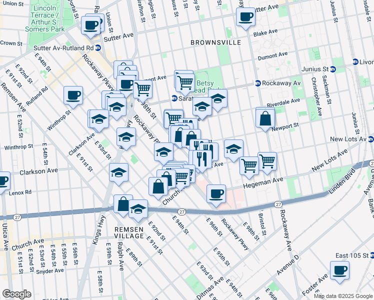 map of restaurants, bars, coffee shops, grocery stores, and more near 445 Rockaway Parkway in Brooklyn
