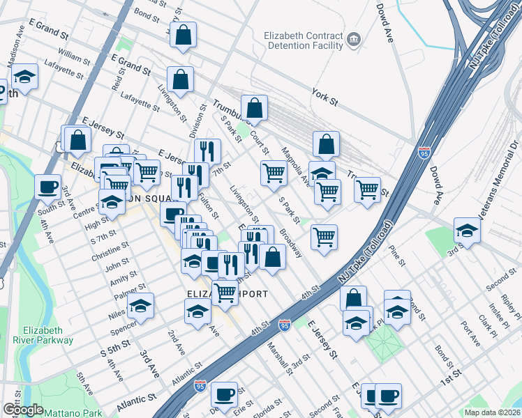 map of restaurants, bars, coffee shops, grocery stores, and more near 548 Livingston Street in Elizabeth