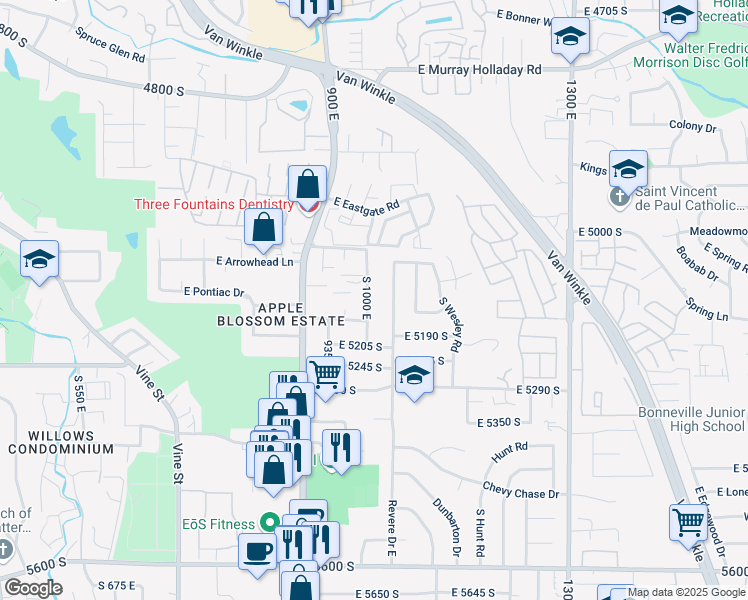 map of restaurants, bars, coffee shops, grocery stores, and more near 5125 South 1000 East in Salt Lake City
