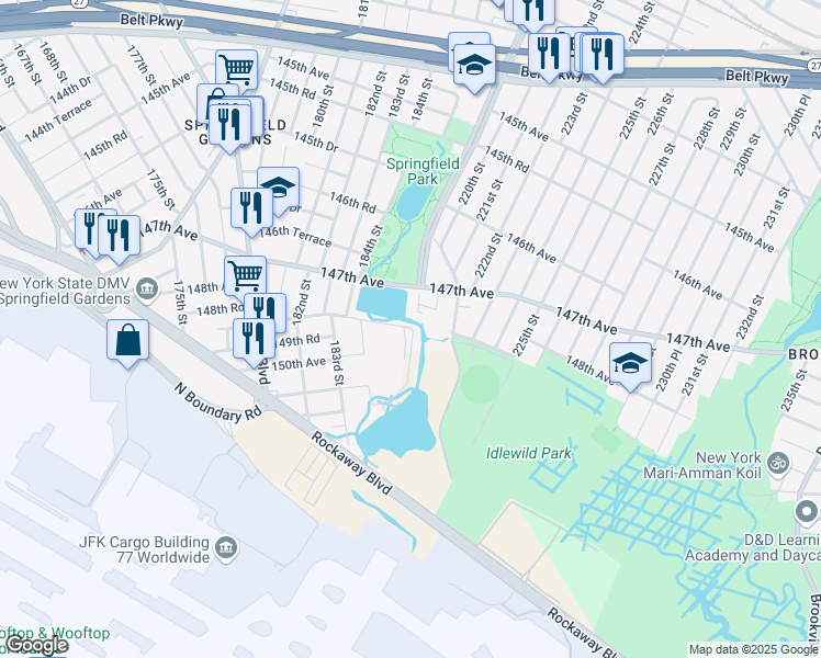map of restaurants, bars, coffee shops, grocery stores, and more near 149th Avenue in Queens