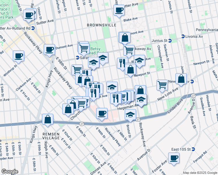 map of restaurants, bars, coffee shops, grocery stores, and more near 75 Lott Avenue in Brooklyn