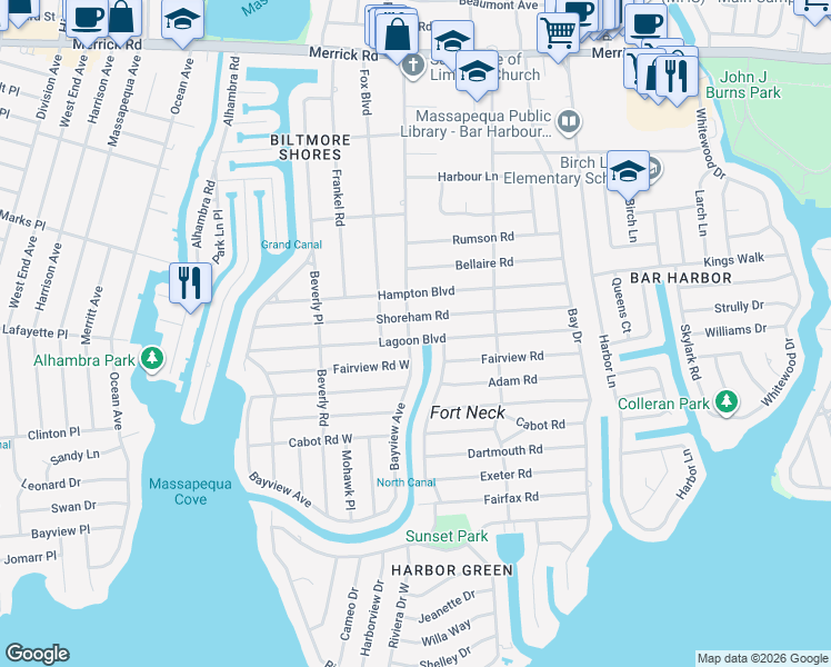 map of restaurants, bars, coffee shops, grocery stores, and more near 83 Lagoon Boulevard in Massapequa