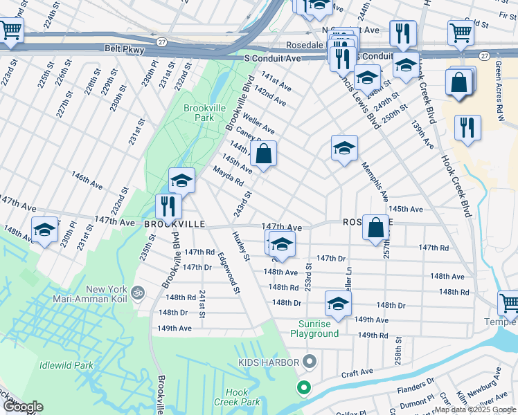 map of restaurants, bars, coffee shops, grocery stores, and more near 243-25 Newhall Avenue in Queens