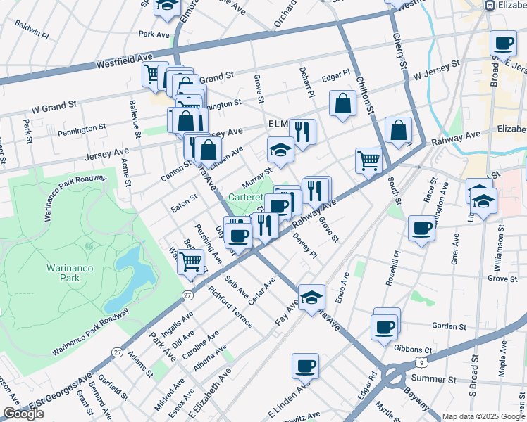 map of restaurants, bars, coffee shops, grocery stores, and more near 428-546 Murray Street in Elizabeth