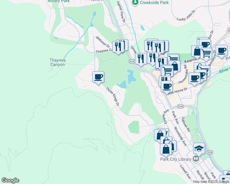 map of restaurants, bars, coffee shops, grocery stores, and more near 1700 Three Kings Drive in Park City