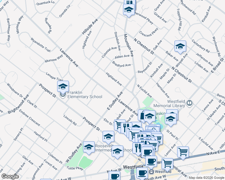 map of restaurants, bars, coffee shops, grocery stores, and more near 547 Highland Avenue in Westfield