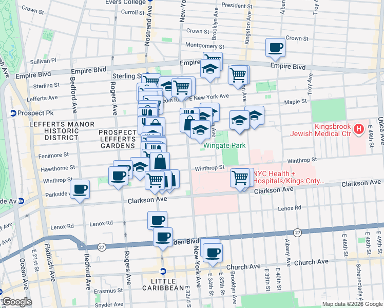 map of restaurants, bars, coffee shops, grocery stores, and more near 651 New York Avenue in Brooklyn