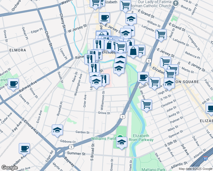 map of restaurants, bars, coffee shops, grocery stores, and more near 200 Williamson Street in Elizabeth