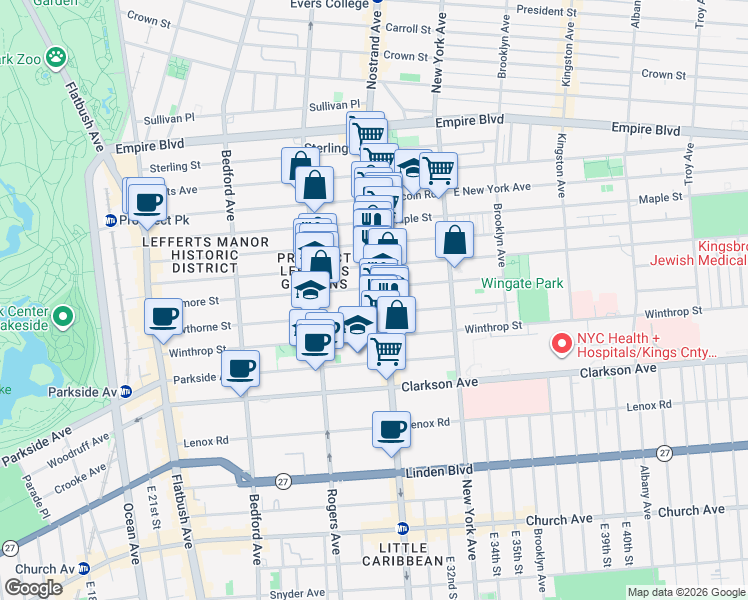 map of restaurants, bars, coffee shops, grocery stores, and more near 276 Rutland Road in Brooklyn