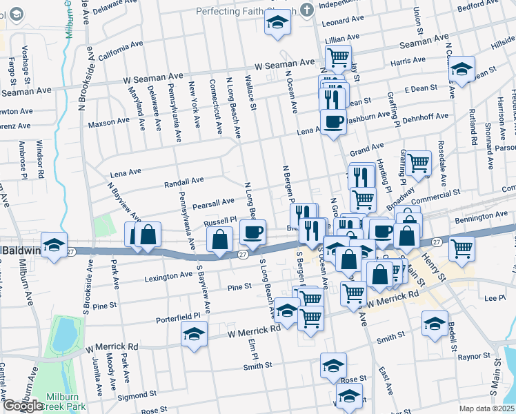 map of restaurants, bars, coffee shops, grocery stores, and more near 99 Randall Avenue in Freeport