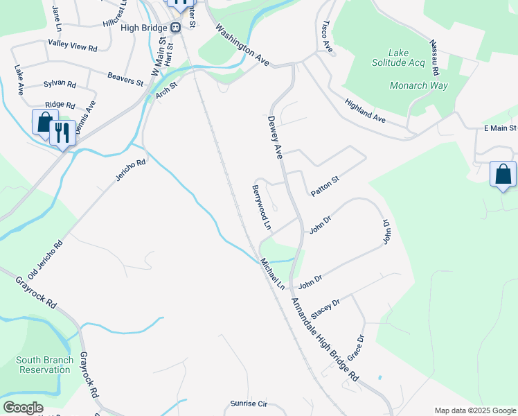 map of restaurants, bars, coffee shops, grocery stores, and more near 5 Indian Springs Lane in High Bridge