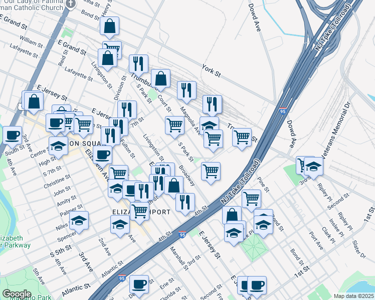 map of restaurants, bars, coffee shops, grocery stores, and more near 547 Court Street in Elizabeth