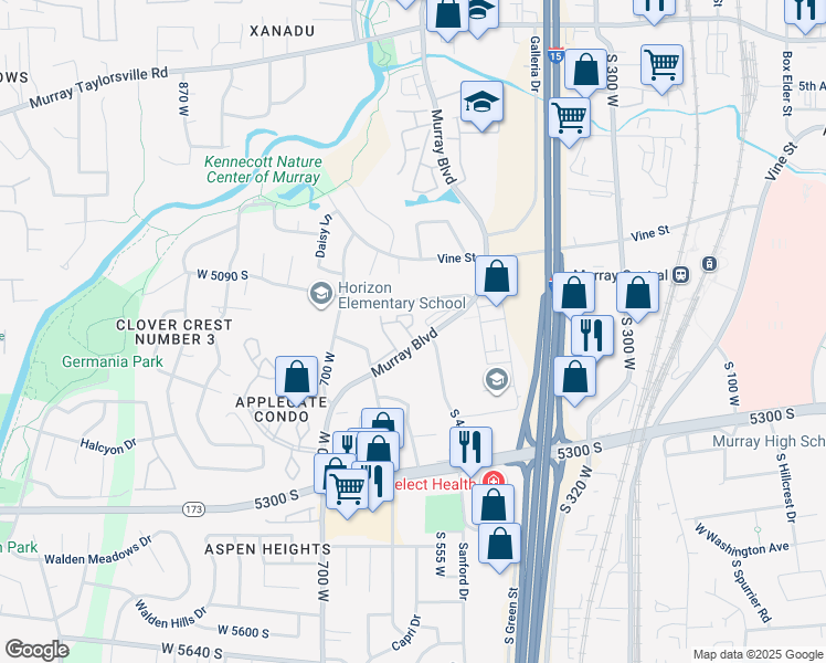 map of restaurants, bars, coffee shops, grocery stores, and more near 546 Murray Boulevard in Murray