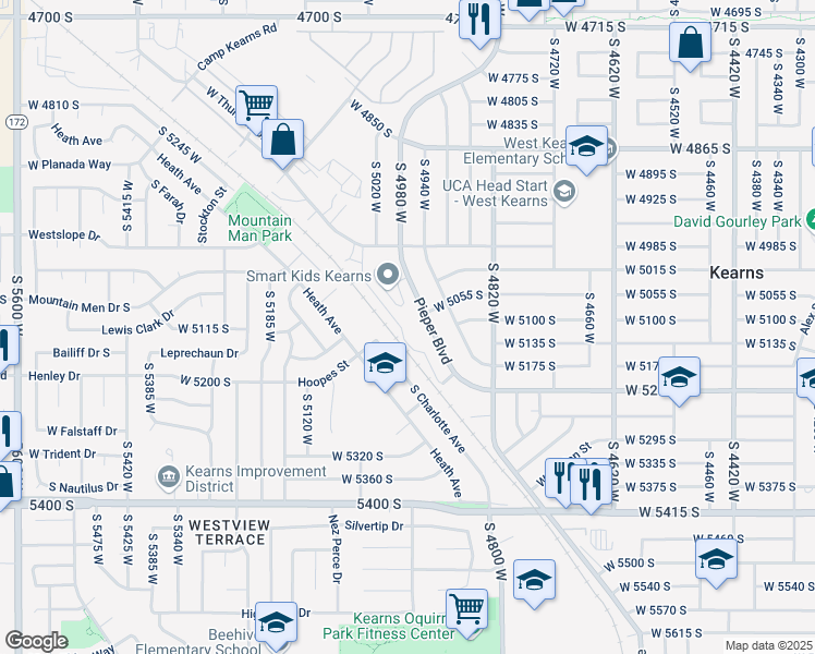 map of restaurants, bars, coffee shops, grocery stores, and more near 5078 Pieper Boulevard in Kearns