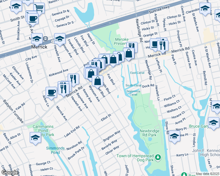 map of restaurants, bars, coffee shops, grocery stores, and more near 225 Fox Boulevard in Merrick