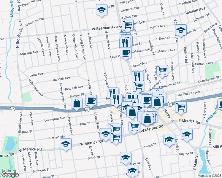 map of restaurants, bars, coffee shops, grocery stores, and more near 56 North Bergen Place in Freeport