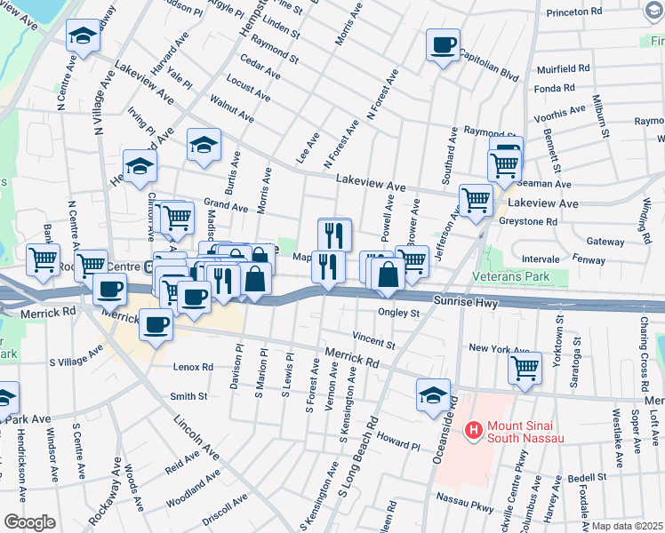 map of restaurants, bars, coffee shops, grocery stores, and more near 145 Maple Avenue in Rockville Centre