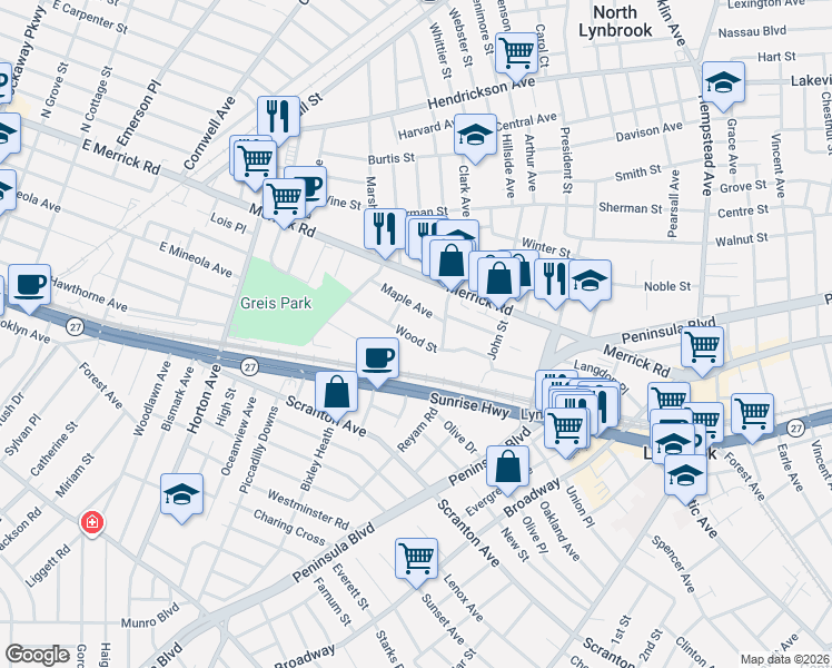 map of restaurants, bars, coffee shops, grocery stores, and more near 38 Maple Avenue in Lynbrook
