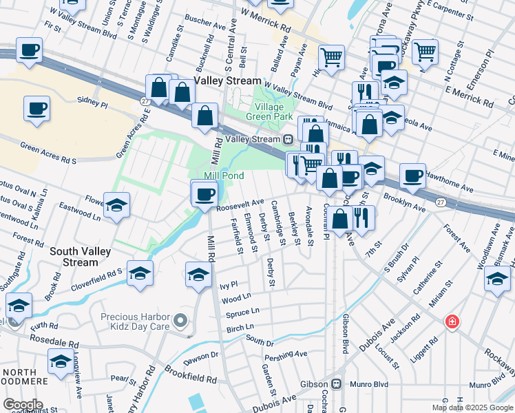 map of restaurants, bars, coffee shops, grocery stores, and more near 46 Derby Street in Valley Stream