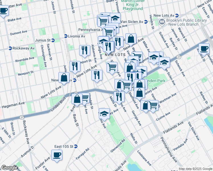 map of restaurants, bars, coffee shops, grocery stores, and more near 463 Hegeman Avenue in Brooklyn