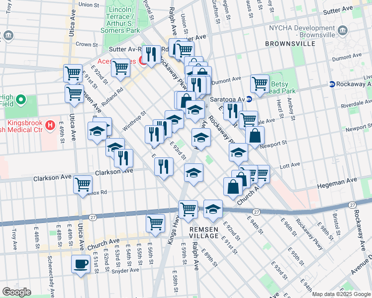 map of restaurants, bars, coffee shops, grocery stores, and more near 299 East 94th Street in Brooklyn