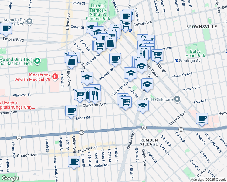 map of restaurants, bars, coffee shops, grocery stores, and more near 260 East 92nd Street in Brooklyn