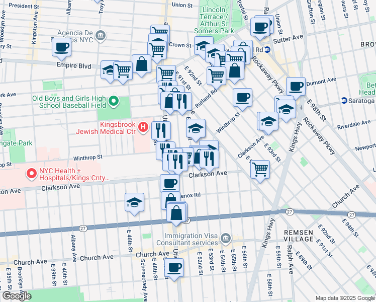 map of restaurants, bars, coffee shops, grocery stores, and more near 28 Winthrop Street in Brooklyn