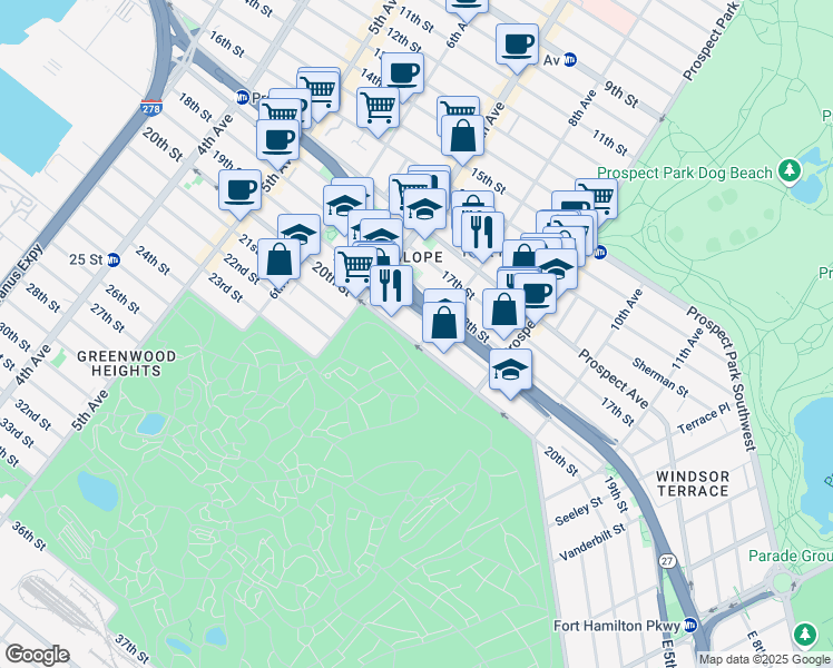 map of restaurants, bars, coffee shops, grocery stores, and more near 402A 19th Street in Brooklyn