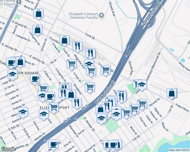 map of restaurants, bars, coffee shops, grocery stores, and more near 707 Dowd Avenue in Elizabeth